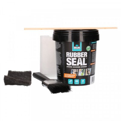 Bison Rubber Seal starterskit uitgepakt: Pot rubber sea, kwast, schuurpad, textielband en een roerhoutje