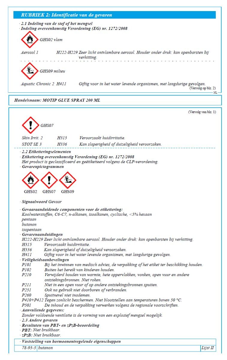 Veiligheidsblad voor motip lijmspray 500 ml